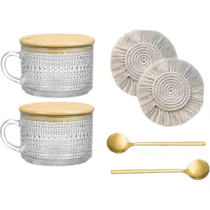 2 Pcs vintage glass mug (embossed sunflower), Coffee Mugs, Overnight Oats Containers with Lids and Spoons, 14oz Glass Clear Tea Cups, Drink