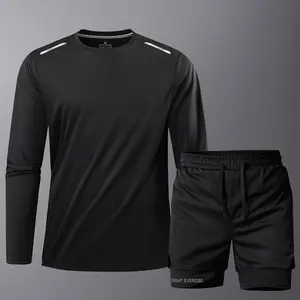 Men’s Quick-Dry Sports Set – Moisture-wicking, breathable, suitable for gym, running, swimming – Four-season outdoor sportswear, crew neck, striped design, suitable for adults, ideal athletic wear.