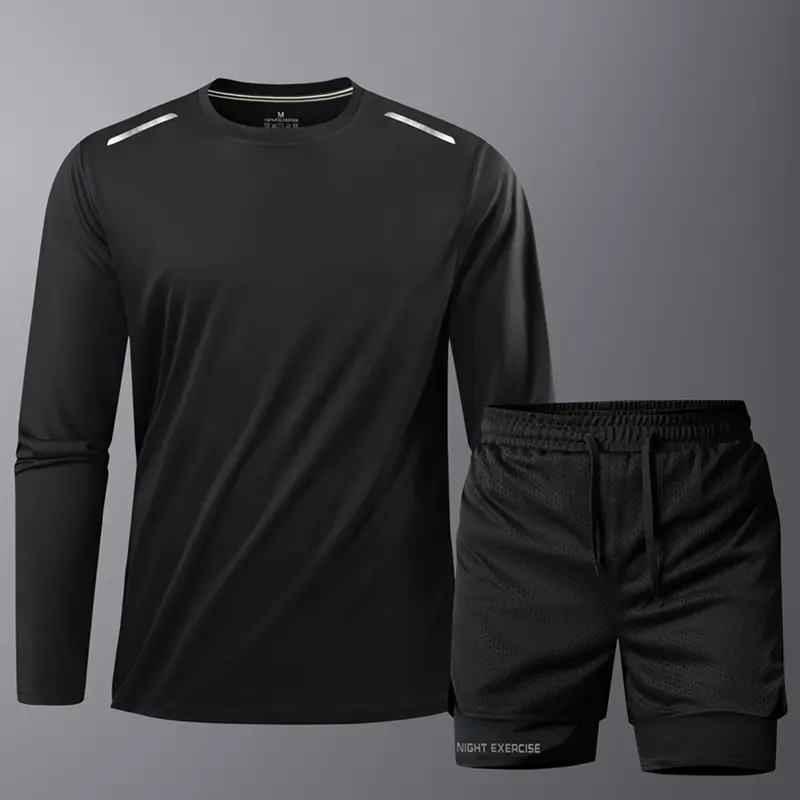 Men’s Quick-Dry Sports Set – Moisture-wicking, breathable, suitable for gym, running, swimming – Four-season outdoor sportswear, crew neck, striped design, suitable for adults, ideal athletic wear.