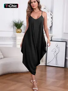 Women's Plain High Waist Cami Jumpsuit, Casual Solid Color Sleeveless Spaghetti Strap Jumpsuit for Summer, Women's Clothing for Outdoor Holiday Vacation
