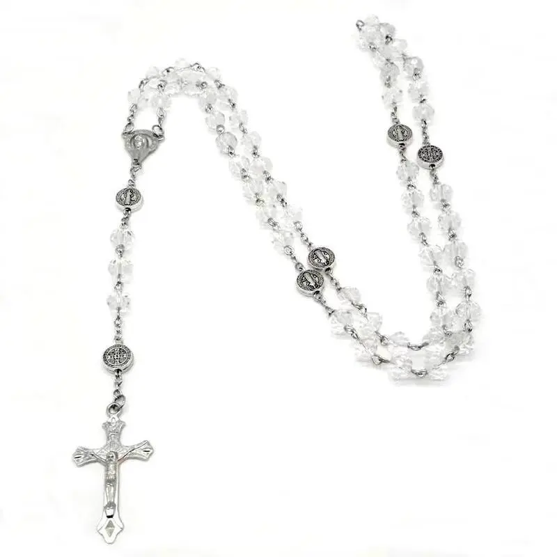 Vintage Catholic Rosary Necklace, 22in White Crystal Bead Prayer Jewelry for Men & Women with Zinc Alloy Cross Pendant, Wedding Christmas Gift, Beaded Pendant Necklace, Necklaces
