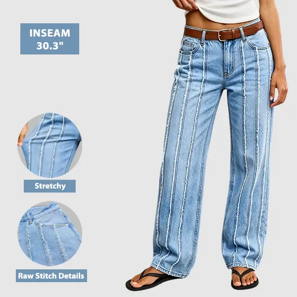 Flamingals Wash Stitch Detail Mid Waist Straight Leg Jeans Without Belt Stretchy 30.3'' Inseam