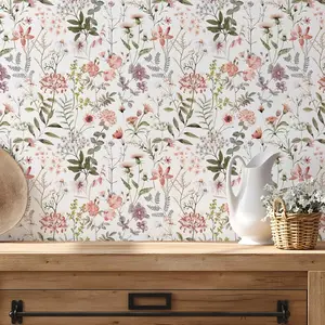 Vintage Watercolor Wildflower Wallpaper, Self-Adhesive Mould-Proof Decor, Boho Botanical Design for Bedroom & Living Room, Dorm Essential, Peel and Stick Wallpaper Boho