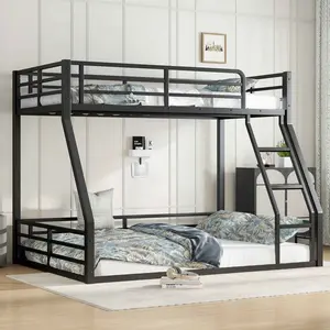 Metal Bunk Bed, Twin XL over Queen Floor Bunk Bed Frame, Heavy-Duty Bunk Bed for Kids, Teens, Adults, Noise-reduced Design, Black