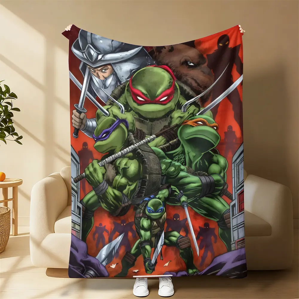 Countdown Sale! Ninja Turtles vs. Samurai Battle Theme Cartoon Poster Style Figure Print Blanket - Warm Sofa Snuggle Cover, Travel Nap Blanket, 4-Season Use, Ideal Gift for Fans & Kids