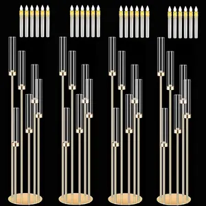 4PCS 46" Tall Gold 5-Arm Metal Candelabra with 24 LED Candles & Acrylic Shades – Elegant Floor Candle Holders for Wedding, Party, and Event Centerpieces