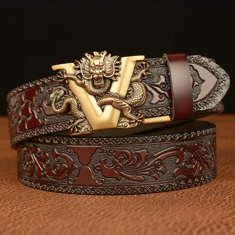 Men’s Vintage V-Shaped Dragon Belt, Carved Automatic Buckle, Unique Casual Denim Accessory Perfect for Street Shoots, Jeans Outfits