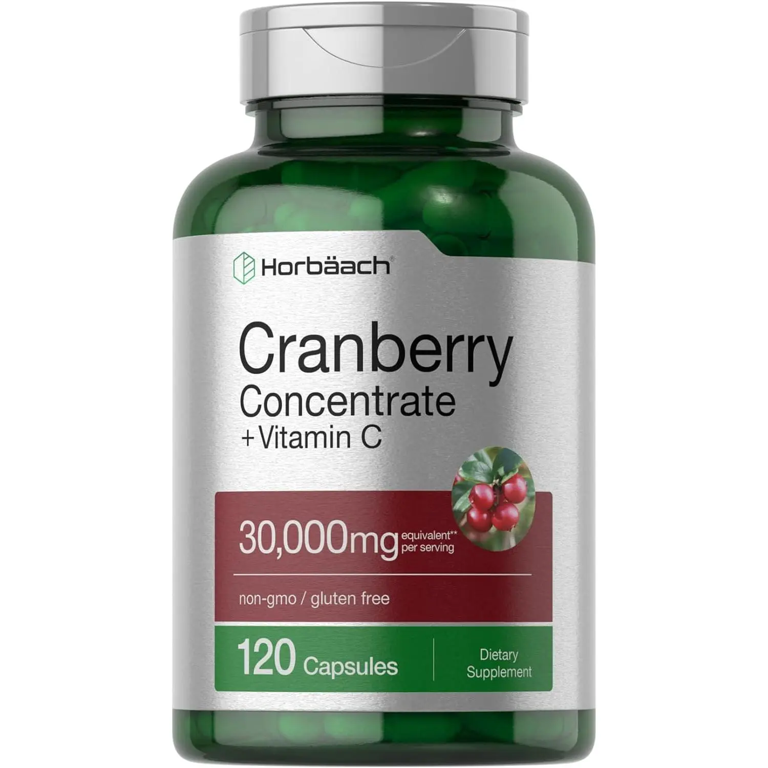 Horbäach Cranberry Concentrate Extract Pills + Vitamin C | 120 Capsules | Supplement for Women and Men | Triple Strength Ultimate Potency Formula | Non-GMO and Gluten Free