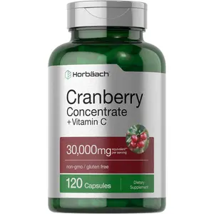 Horbäach Cranberry Concentrate Extract Pills + Vitamin C | 120 Capsules | Supplement for Women and Men | Triple Strength Ultimate Potency Formula | Non-GMO and Gluten Free