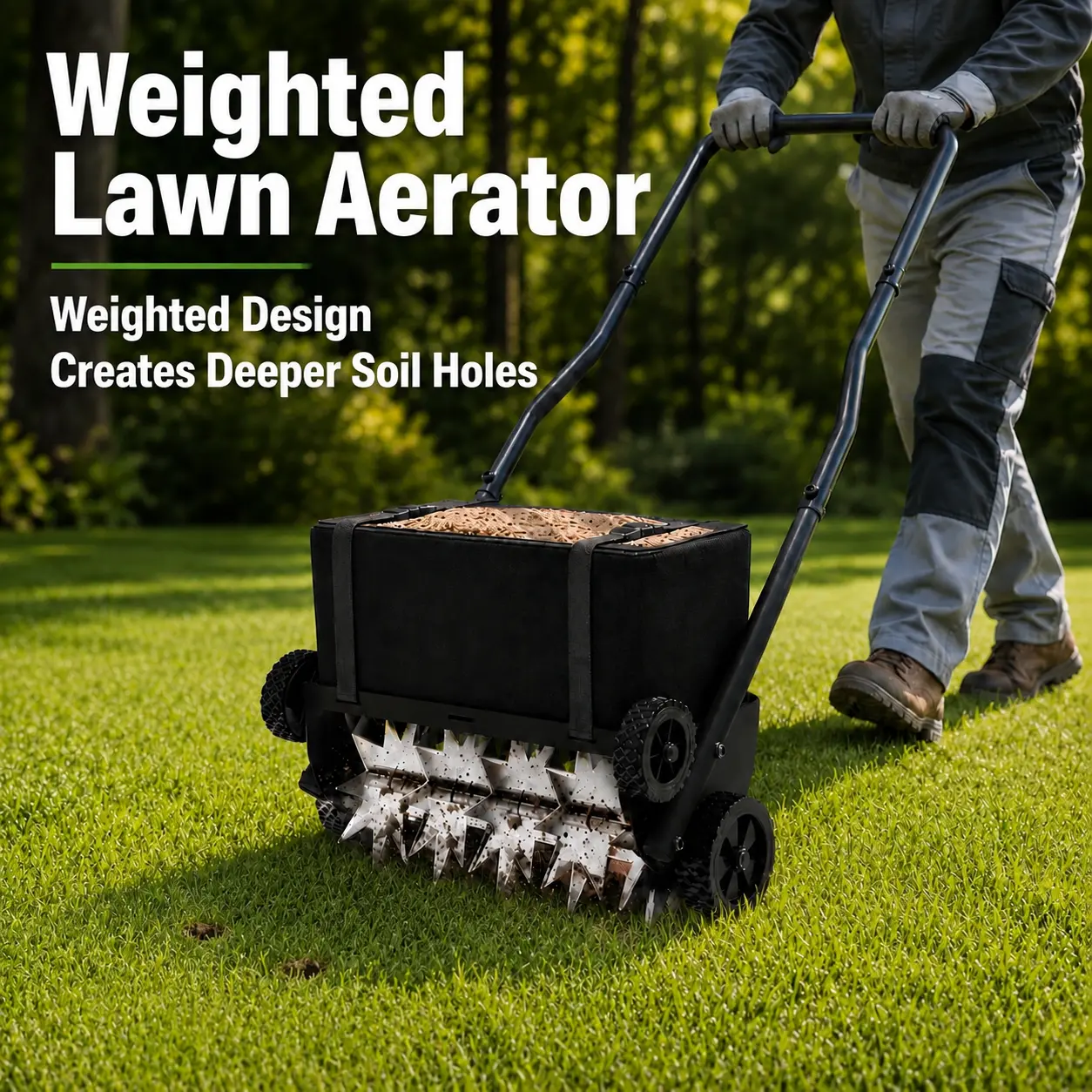【Summer Vibes】Weighted Lawn Aerator with Fillable Sand Bag, Heavy Duty 4-Wheel Plug Aerator Tool with 43.3" Steel Handle, Rolling Spike Aerator for Loosening Compacted Soil & Creating Healthier Greener Grass
