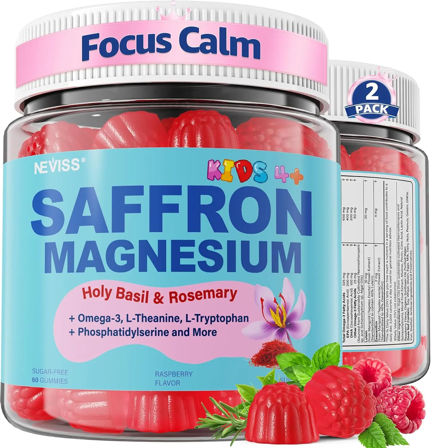 Saffron +Magnesium Glycinate +Omega-3 - Calm Focus Gummies for Kids 4+, Saffron Extract Supplement with L-Theanine, Holy Basil, Rosemary, B6, D3 for Happy Mood, Cognition, Nerve, Sugar Free, 2 Pack