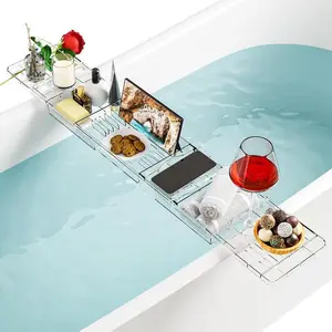 PLL Luxury Bathtub Trays for Tub, Expandable Bath Shelf Over Tub with Clear Bath Table - Bath Board and Bath Caddy Tray with Bath Tub Accessories for Women Relaxing with Bath Reading Book and iPad Holder, 1 Pack