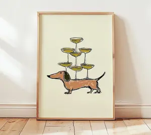 [Sale off up to 50%] [Free ship] [No Frame] Dachshund Champagne Art Print, Whimsical Dog Wall Art, Fun Bar Decor Poster, Playful Modern Home Illustration