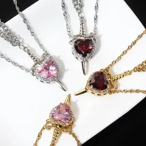 Gothic Heart Dagger Necklace Couple Best Friend Red Rhinestone Sword Pendant Punk Y2K Jewelry Gift