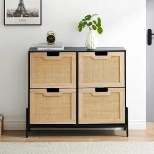 Narrow 4-Door Wooden Shoe Cabinet with Drawer Organizer, Natural Vine Material, Adjustable Shoe Rack, 100x24x88 cm Metal Organiser, Ideal for Hallways and Entrances