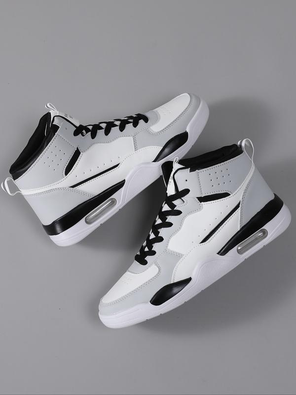 High Top Men's Stylish Basketball Shoes, Casual, Comfortable Breathable Lace-Up, Air Cushion Sole, Patchwork Design, PU Leather, All Seasons