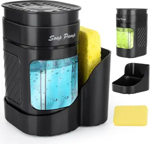 Kitchen Dish Soap Dispenser with Sponge Holder, 3-In-1 Countertop Dishwashing Soap Pump Dispenser Set for Kitchen Sink, Useful Kitchen Gadgets - Black Bestseek