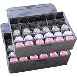 MURRI&MURRDI 2 Packs Sock and Underwear Storage Closet Organizer with Lids, 30 Cells Foldable Drawer Divider, Linen Cotton Storage Box Bin for Lingerie, Ties, Scarves, Grey