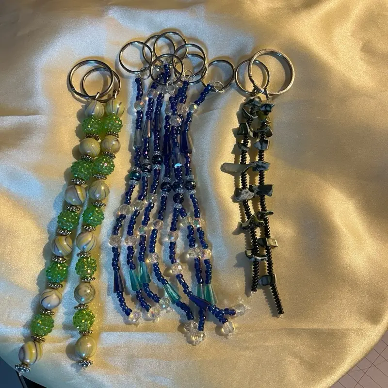 Nostalgic Beaded and Crystal Keychains - Green, Blue & Silver Beads with Decorative Elements for Protection and Guidance