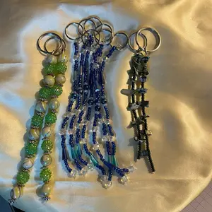 Nostalgic Beaded and Crystal Keychains - Green, Blue & Silver Beads with Decorative Elements for Protection and Guidance