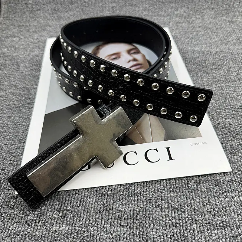 Men's Punk Fashion Belt - Decorated Leather, Crackle Bold Punk Texture, Edgy Crucifix Graphic, Bold Design, Dark Hiphop Subculture Accessory