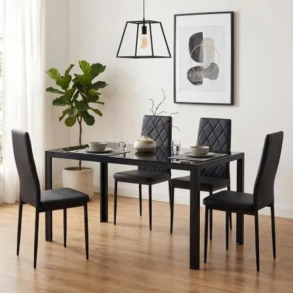 [Bellemave]Modern 5-Piece Dining Table Set, 1 Table and 4 Chairs, Tempered Glass Tabletop with PU Leather High-Back Chairs, Space-Saving Kitchen & Dining Room Furniture for Apartment (Black)
