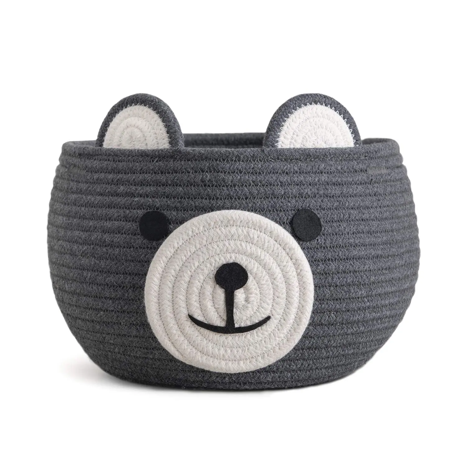 Cotton Rope Basket Baby Basket for Nursery, Bear Gift Basket for Kids, Empty Baby Shower Basket with Handles, Small Cute Animal Basket, Grey, 10.5"D x 8.5"H