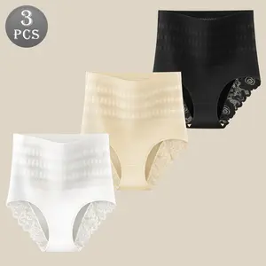 3-Pack Women's High-Waisted Lace Underwear - Breathable, Soft & Comfortable, Elegant Lace Trim, Perfect for Daily Wear and Comfort