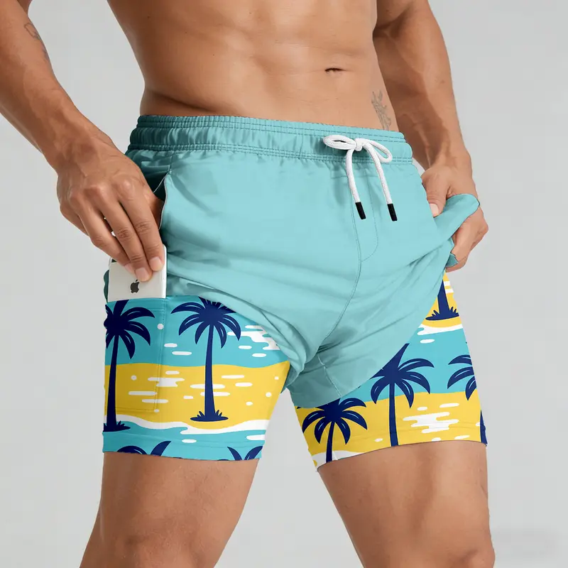 ABSECAI 2026 Men's 2-in-1 Active Swim Shorts - Activewear, 6-in & 7-in Compression Liner, Quick-Dry, Zipper Pockets, Graphic Design, Above-the-Knee, for Beach & Running