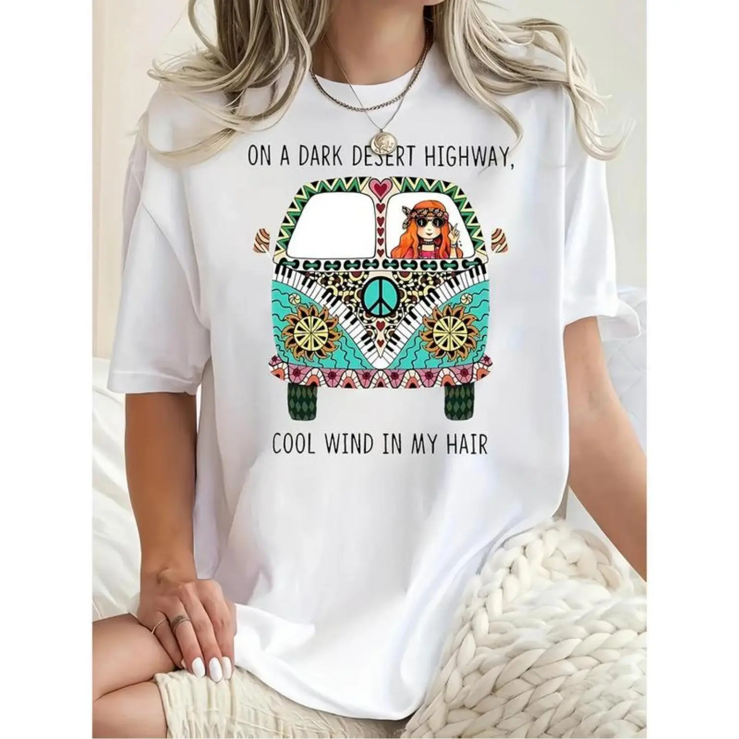 Women's Bohemian Graphic T-Shirt, Casual Hippie Bus Print Short Sleeve Top, Relaxed Fit Cotton Blend Streetwear for Plus Size, Easy Care, Tshirt, Round Neck, Short Sleeves, All Seasons, Women's Clothes, Lightweight, Full Size Coverage, Loose-Fitting