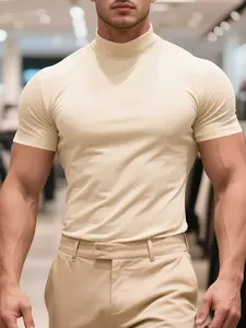 Men's Fall Outfits Tropical Solid Color High Neck Tight-Fitting Short Sleeve T-Shirt for Daliy Wear, Versatile Inner & Outer Wear Casual Sporty Streetwear Style Essential