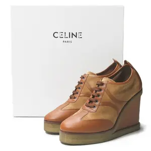 Pre-owned Celine Calfskin Small Leather Goods Leather Suede MANON Wedge Lace Up Shoes