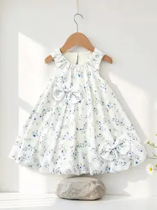 Girls Summer Sleeveless Ruffle Dress, Blue Floral & Rose Print, Waist Cinched, Puffy Hem, Sweet Casual Style, Ages 3-8