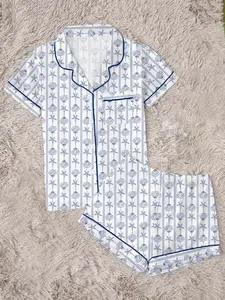 Women's Summer Nautical Shell & Starfish Print Pajama Set, Short Sleeve Button Down 2-Piece Loungewear, Cute Blue Ocean Themed Sleepwear，2-Piece Short Sleeve Sleepwear for Beach Lovers，Perfect for Summer Nights & Beach Vacation