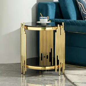 [Bellemave]Luxury Round End Table with 2-Tier Black Tempered Glass Top and Gold Stainless Steel Frame, Modern Side Table for Living Room, Bedroom, Office, or Café    RR