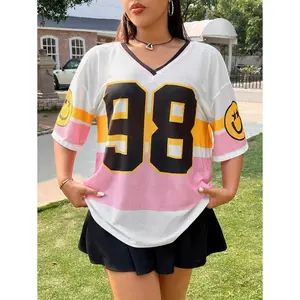 ILOD EZwear Plus Size Color Block Numeric Print Pullover Street Style T-Shirt, For Summer