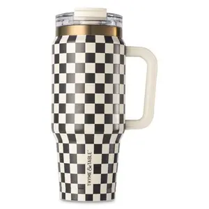 Thyme & Table 32oz Tumbler with Handle, Dual Straw Lid, Stainless Steel Double Wall Insulated, Cream & Black Check Drinkware Flasks Bottle Containers