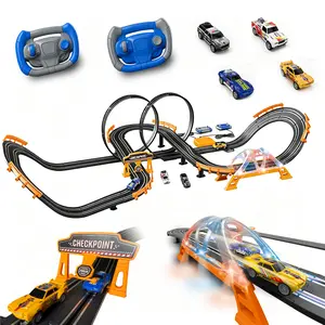 Electric Slot Car Race Track Sets with 4 High-Speed Racing Slot Cars Dual Racing Game with 2 Controllers Circular Overpass Track Featuring Flash Bridge Pendulum Gifts Toys for Boys Kids Age 6 7 8-12