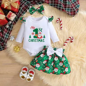 Baby Girl "My First Christmas" Outfit Set - Long Sleeve Romper, Skirt, Socks & Headband with Gingerbread Print