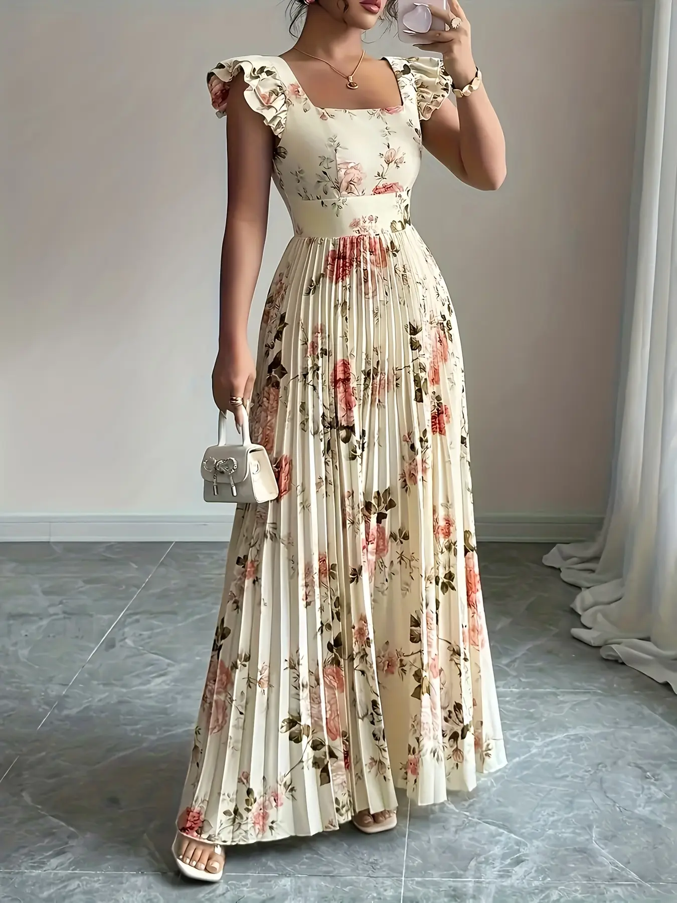 Elegant Women's Floral Print Ruffle Maxi Dress with Pleated Hem, Bohemian Romantic Dress, Boho Dress, Stylish Comfortable Feminine Dress for Casual Wear in Summer and Autumn, Elegance