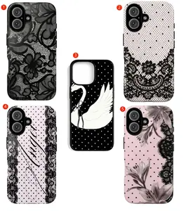 Polka Dot Noir Lace Pattern Phone Case, Luxury Swan Flowers Case, Vintage Elegant Aesthetic Cover for iPhone 17 16 15 Pro Max Gift