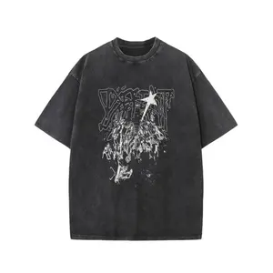 Men's vintage washed cotton T-shirt - 230gsm thickened streetwear T-shirt, with distressed pattern print, regular fit round neck suitable for casual and running, machine washable