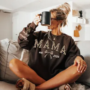 Custom Leopard Mama Sweatshirt With Kid Name Personalized Mom Sweatshirt, Gift For Mom, Mothers Day Gift, Mama Est Year Sweatshirt