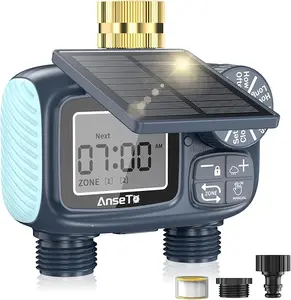 Solar Powered 2 Outlet Sprinkler Timer,Brass Inlet Programmable Garden Hose Timer with Rain Delay Auto Irrigation System,Plant Watering Devices,Garden Watering Timer