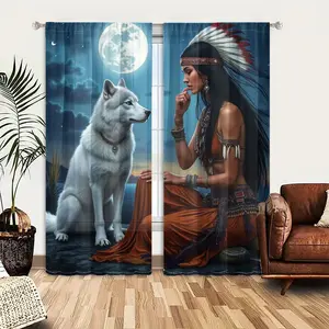 2D Flat 2Pcs Native American Wolf Moon Curtains Panels, Spiritual Indigenous Art, Pole Pocket Top, Semi-Shading Polyester, Moonlight Mystic Design, Ethnic Tribal Decor, Suitable for Living Room Bedroom Balcony Home Window Decoration, Privacy