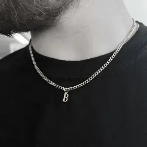 Silver Stainless Steel Letter Initial Necklace - Chunky Chain Jewelry - Men'S Necklace Father'S Birthday Day Gift