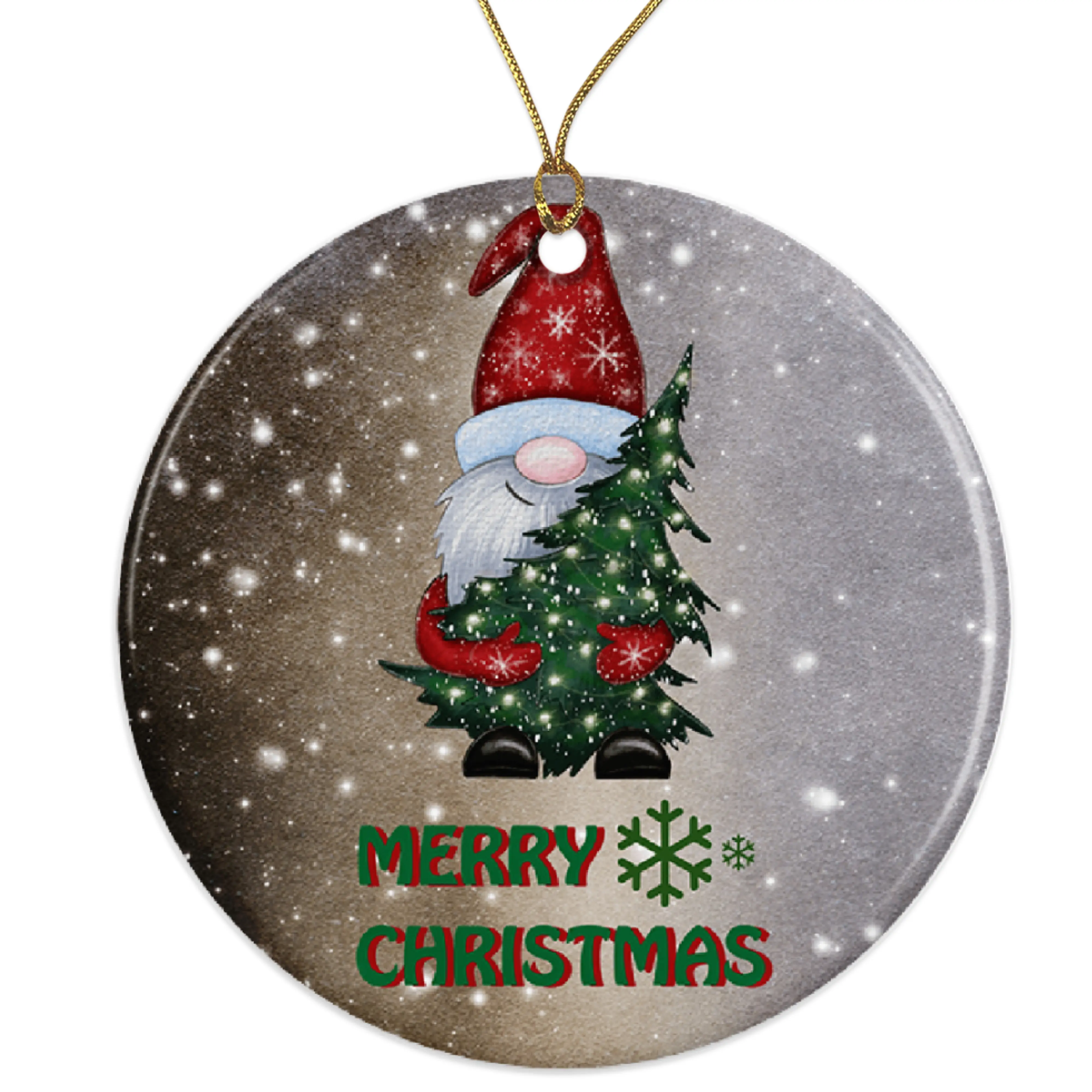 Gnome Christmas Ornament - Festive Merry Christmas Tree Decoration - Cute Holiday Decor - Winter Seasonal Ornament - Perfect Gift Idea Ceramic Ornament - 3 Inch Christmas Tree Round Ornament - Xmas Holiday Decor - String Included - ORNW0259