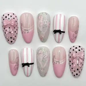 French Cat Eye Lace Note Vine Bow Polka Dot Style Detachable Nail Art Tips 30 Pieces, Single Item Pack