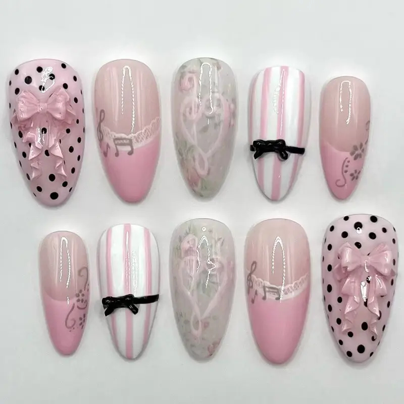 French Cat Eye Lace Note Vine Bow Polka Dot Style Unique Patterns Nail Designs Detachable Design Press On Nails Press Ons Nail Art Tips 30 Pieces, Single Item Pack