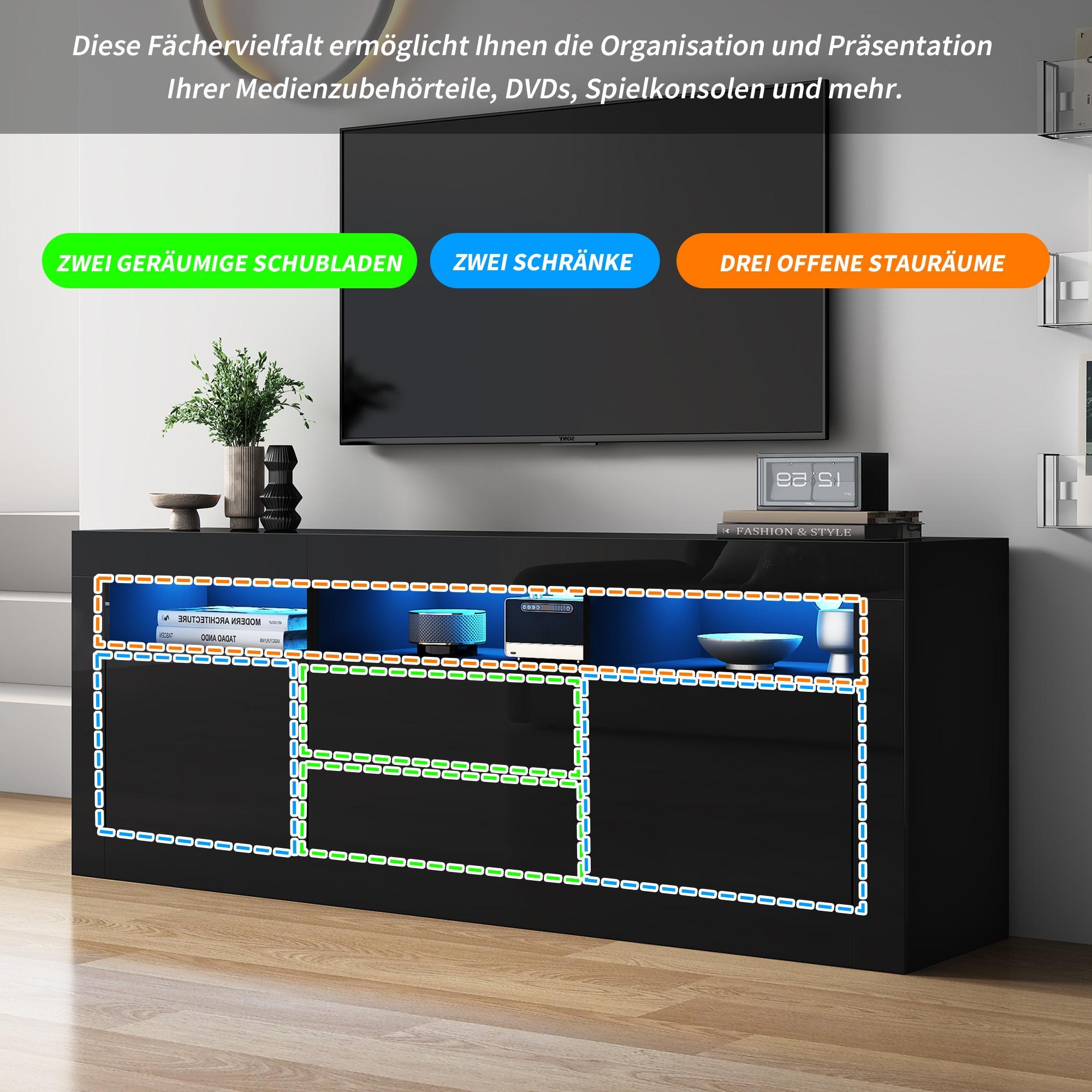 TV wardrobe TV low Board with LED lighting and smart app control, 160*35*60cm TV table living room cabinets high gloss hanging